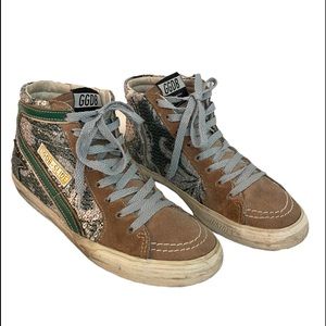 Golden Goose Slide Brown Suede Green Sequined Lace Up High Top Sneakers Size 38